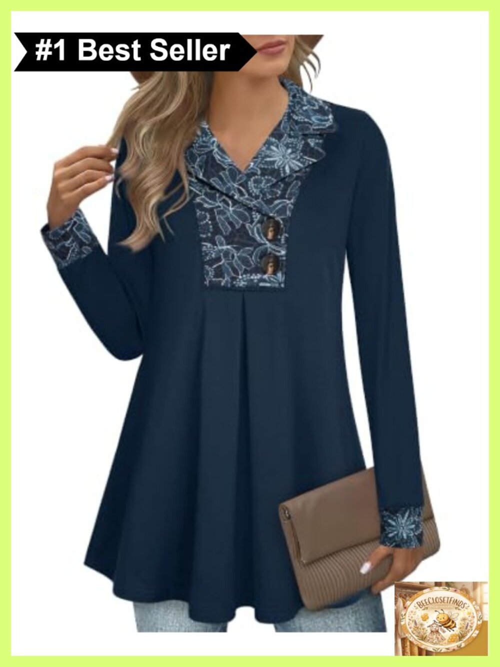 Women's Swing Tunic Notch Collar Button Long Sleeve Pullover Top
